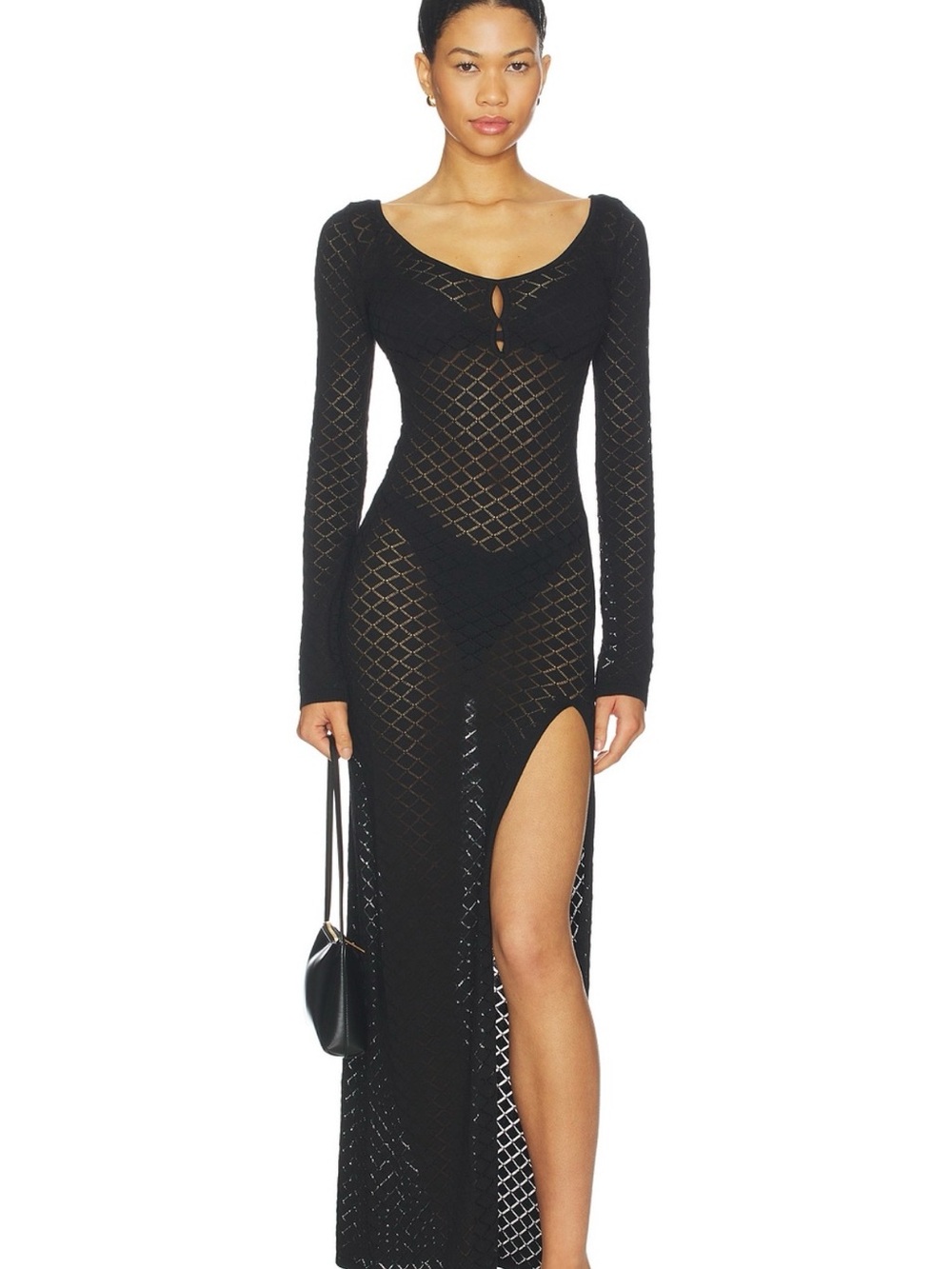 superdown Black Long Sleeve Maxi Mesh Dress with High Slit